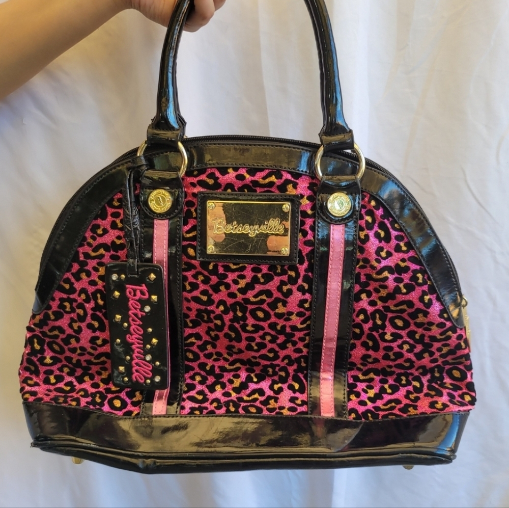 Betseyville pink metallic leopard print satchel